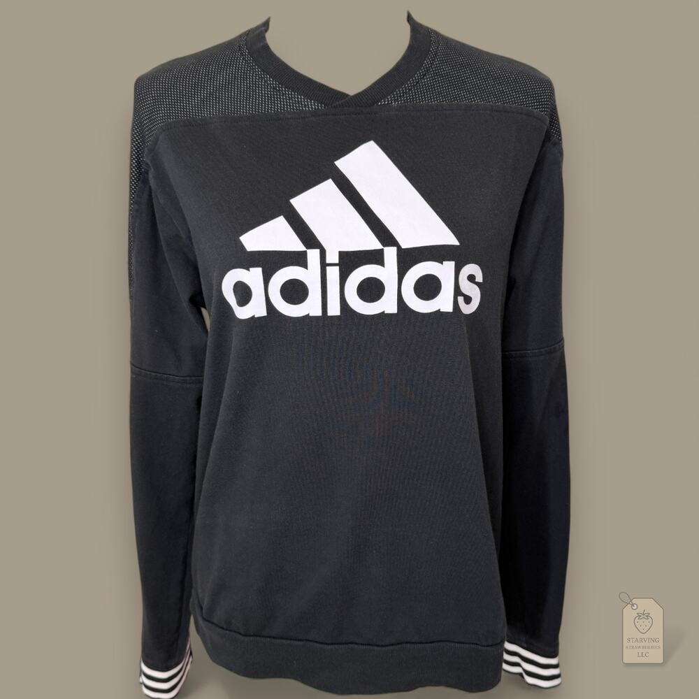 Adidas Sideline Crewneck Sweatshirt Small Black Mesh Logo 3-Stripe Cuff CV3214